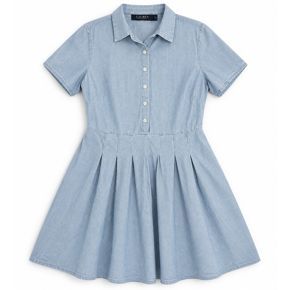 Lauren Ralph Lauren Dress 16 Blue Chambray Cotton Fit Flare Pleated Shirt Dress